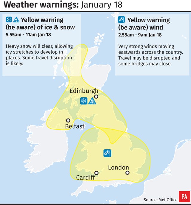 Weather warnings for January 18 (PA Graphics)