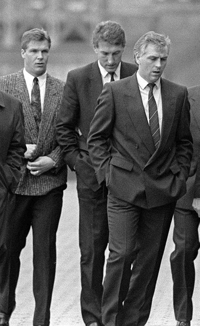 Rangers players goalkeeper Chris Woods, Terry Butcher and Graham Roberts in Glasgow, at the Sheriff Court, where they and Celtic's Frank McAvennie denied charges arising from their 