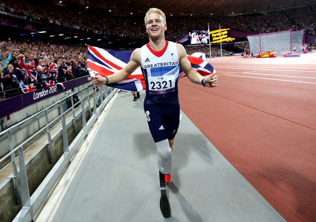 Jonnie Peacock celebrates winning the men’s 100m T44 category final at London 2012