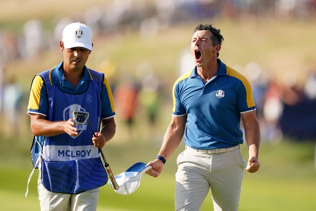 Rory McIlroy celebrates at the Ryder Cup ((Zac Goodwin/PA)