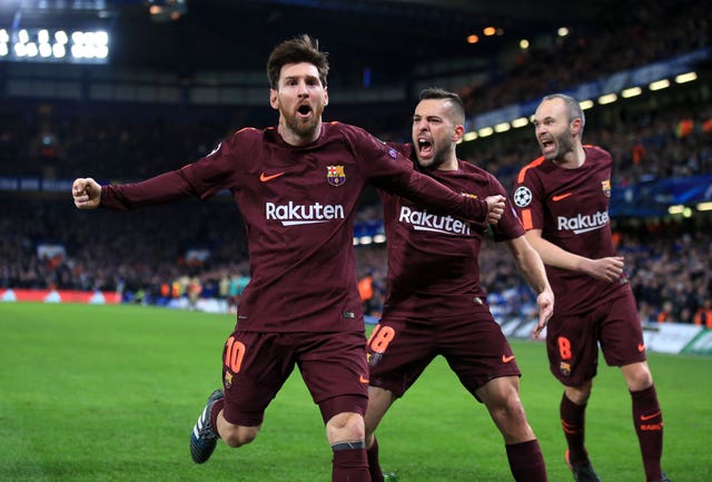Lionel Messi celebrates his goal at Stamford Bridge