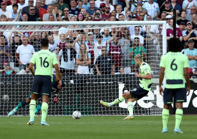 Erling Haaland, second right, scores against West Ham