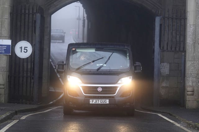A prison vehicle leaves HMP The Verne on Portland, Dorset, on the day that Glitter was released in February.