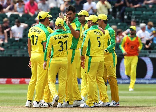 Australia’s Mitchell Starc (centre) celebrates taking the wicket of Afghanistan’s Mohammad Shahzad 