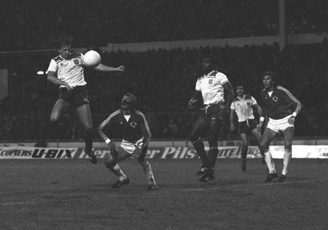 Gary Mabbutt, left, heads an effort on goal against West Germany on his debut