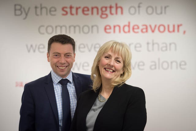 Ms Formby with the man she will succeed, Ian McNicol (Stefan Rousseau/PA)
