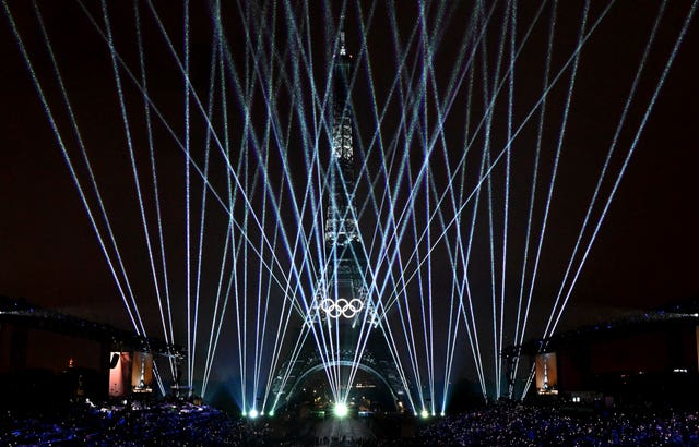 A spectacular display lights up the Eiffel Tower