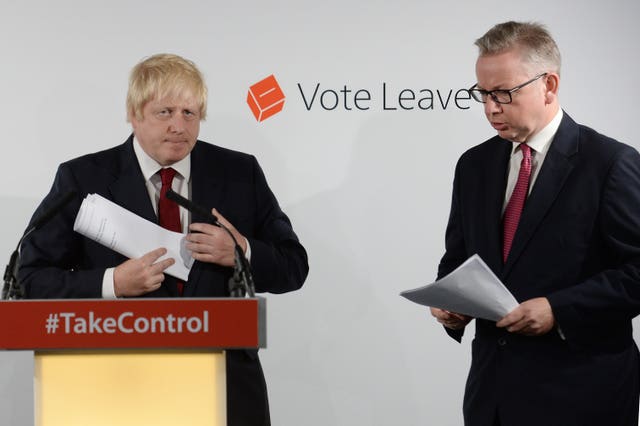 Boris Johnson and Michael Gove at Vote Leave HQ after winning the referendum (Stefan Rousseau/PA)