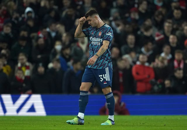 Granit Xhaka was ruled out of Sunday's game by suspension after being sent off against Liverpool on Thursday (Peter Byrne/PA).