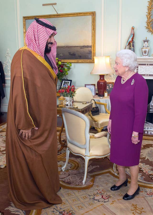 The Queen greets Mohammed bin Salman during a private audience at Buckingham Palace (Dominic Lipinski/PA)