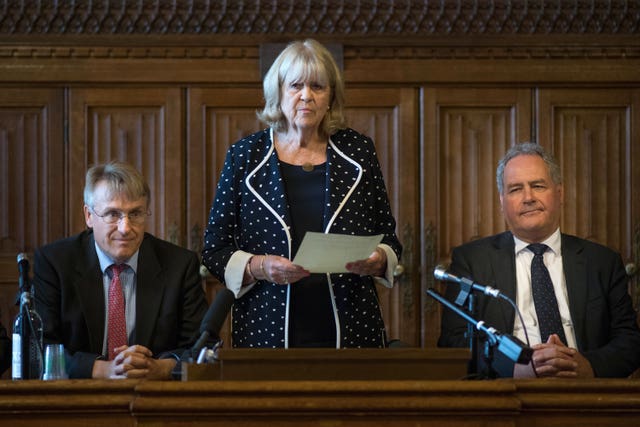 Dame Cheryl Gillan with Charles Walker (left) and Bob Blackman (right) reads out the results of the first ballot in the Tory leadership