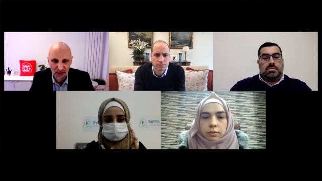 (Top left to right) Disasters Emergency Committee (DEC) chief executive Saleh Saeed, the Duke of Cambridge and Fadi Hallisso, (bottom left to right) anaesthetist Kawther Mohamad Ali and Shahinaz Muamar
