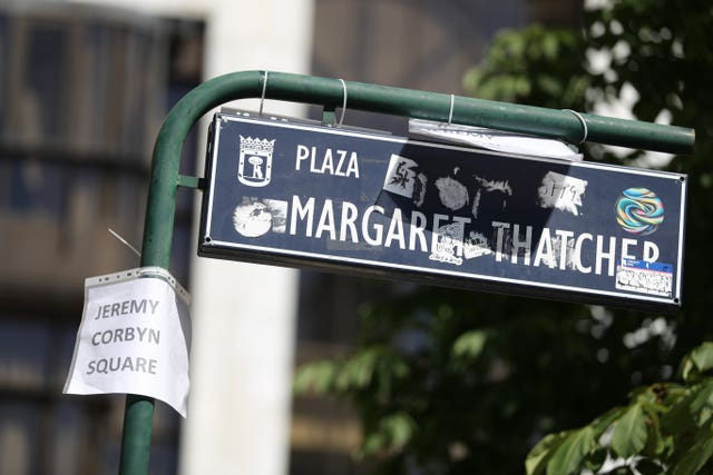 A street sign for Margaret Thatcher Square in Madrid