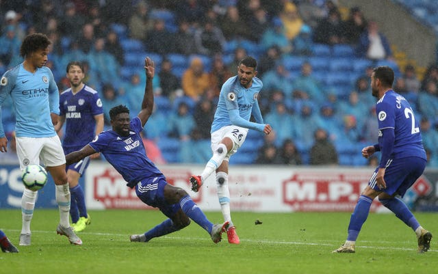 Summer signing Riyad Mahrez scores his first goals for the club in a 5-0 win at Cardiff in September 