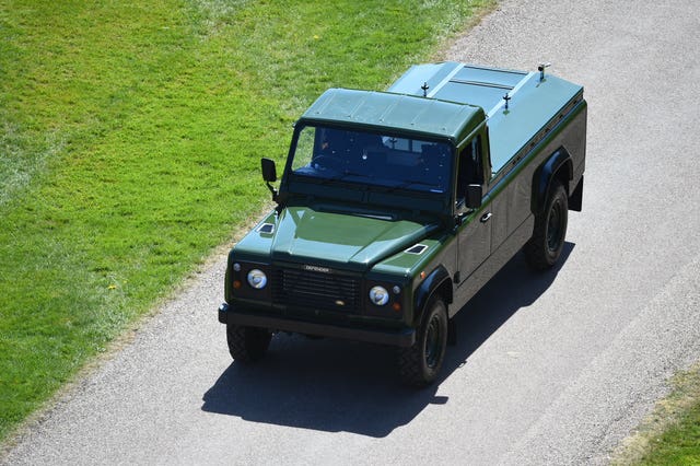 The modified Jaguar Land Rover that will carry the coffin of the Duke of Edinburgh arrives for his funeral