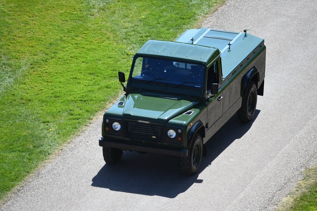 The modified Jaguar Land Rover that will carry the coffin of the Duke of Edinburgh arrives for his funeral 