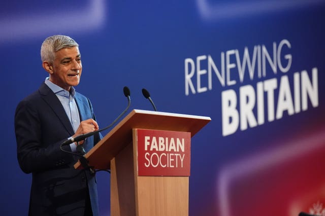 Sadiq Khan gives a speech at the Fabian Society conference next to the slogan 'Renewing Britain'