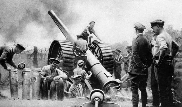 An artillery gun being fired at the start of the Battle of the Somme in 1916.