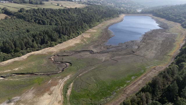 A general view of low water levels at Broomhead Reservoir, South Yorkshire with dramatically low water levels this summer
