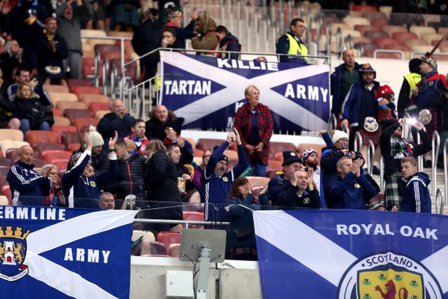 Scotland fans attend a Euro 2020 qualifier against Russia in Moscow before the pandemic 