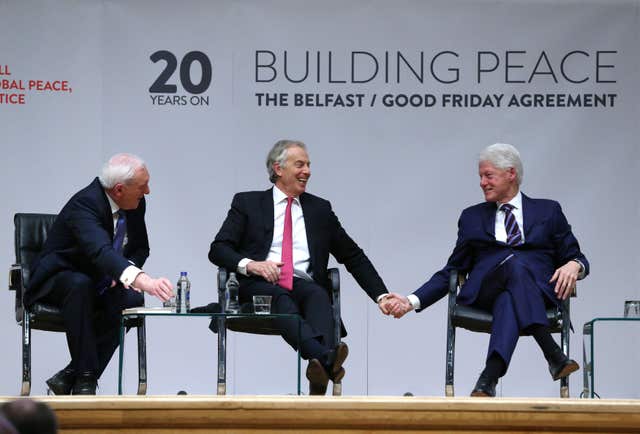 Former Taoiseach Bertie Ahern, former Prime Minister Tony Blair and former US President Bill Clinton (Brian Lawless/PA)