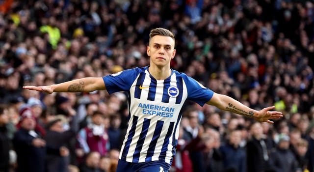 Leandro Trossard celebrates his goal which put Brighton in front 