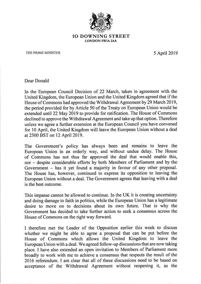 Part of the letter Theresa May sent to Donald Tusk with the UK’s request for a further delay to Brexit