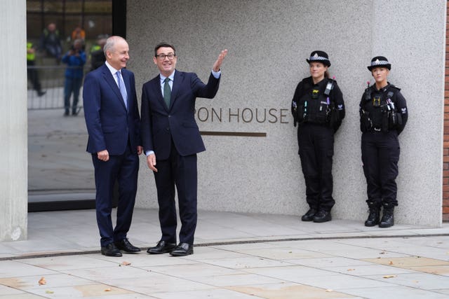 Prime Minister Andy Burnham greets Taoiseach Micheál Martin at No 10 North in Manchester
