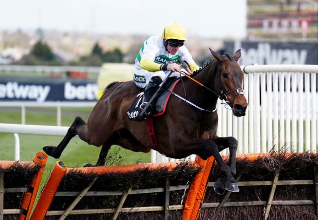 Three Stripe Life winning the Betway Mersey Novices’ Hurdle