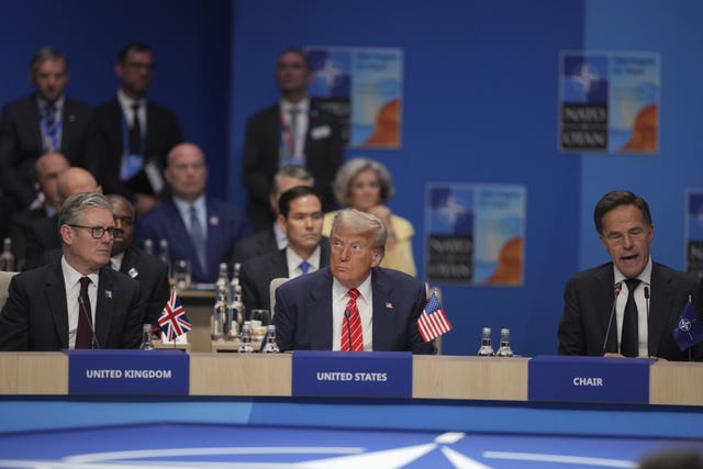 Keir Starmer, Donald Trump and Mark Rutte at the North Atlantic Council meeting at the 2025 Nato summit