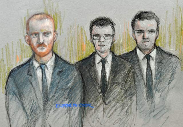 Court artist sketch by Elizabeth Cook of (left to right) England and Durham cricketer Ben Stokes, Ryan Hale and Ryan Ali (PA)