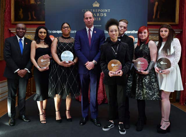 The Duke of Cambridge (centre) and Centrepoint CEO Seyi Obakin (left) with award winners (left to right) Nabila Mirza, Claudette Shay, Talisha Reid-Clementson, Joshua Gargett, Zinnia Young and Tamara Cobb at the 2018 Centrepoint Awards ceremony at Kensington Palace in London (PA Wire / Ben Stansall)