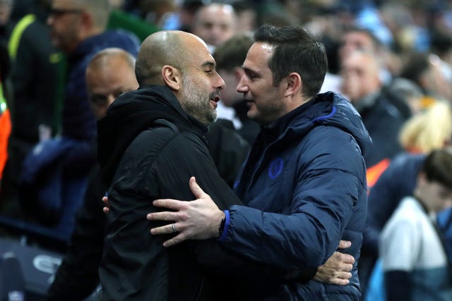 Pep Guardiola (left) and Lampard greet each other ahead of the match