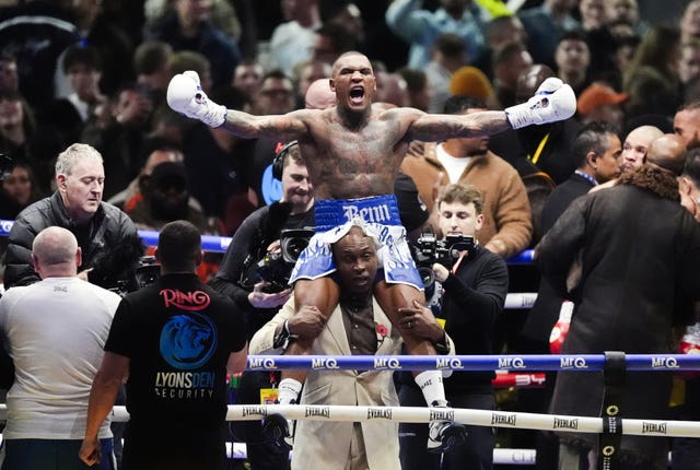 Conor Benn, on the shoulders of his father Nigel, celebrates victory over Chris Eubank Jr in their rematch in November