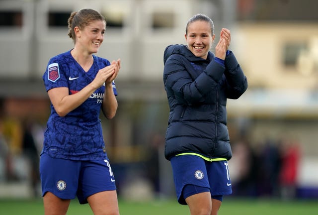 Chelsea's Maren Mjelde, left, and Guro Reiten