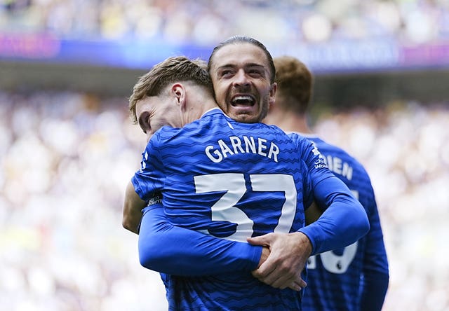James Garner celebrates scoring Everton's second goal of the game with Jack Grealish