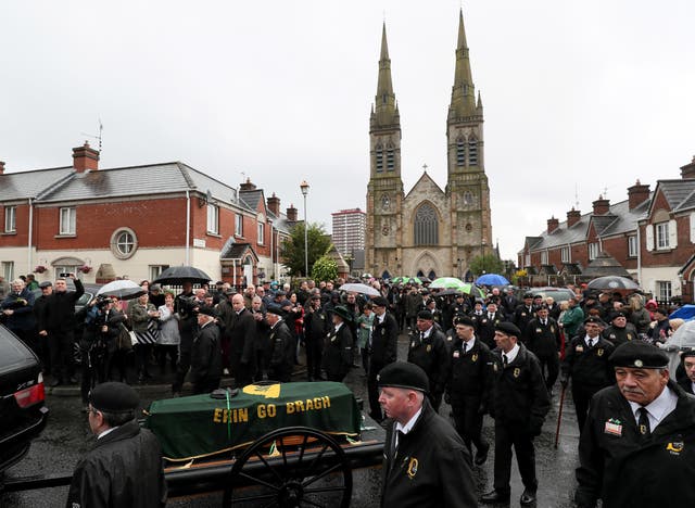 The coffin of former Provisional IRA leader Billy McKee leaves St Peter’s Cathedral, Belfast 