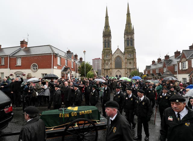 The coffin of former Provisional IRA leader Billy McKee leaves St Peter’s Cathedral, Belfast