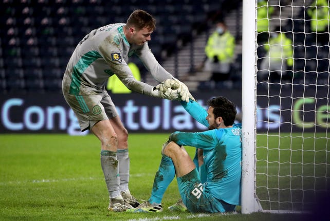 Celtic goalkeeper Conor Hazard (left) was his side's hero in the penalty shoot-out
