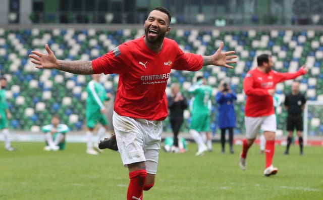 Jermaine Pennant scores the winning penalty during the George Best Celebrity Match at Windsor Park, Belfast