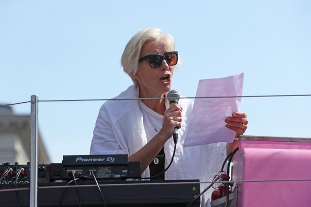 Actress Emma Thompson addresses the Extinction Rebellion demonstrators from the top of a pink boat (Jonathan Brady//PA)