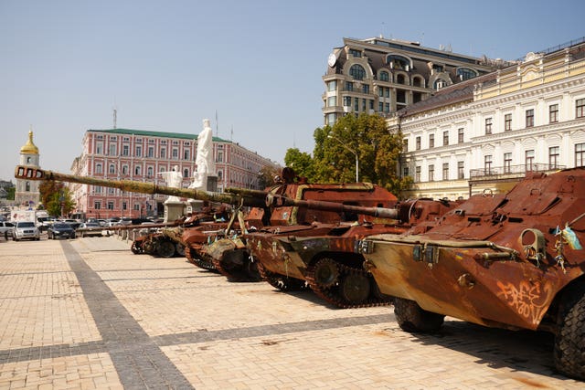 A general view of tanks in St Michael's Square in Kyiv