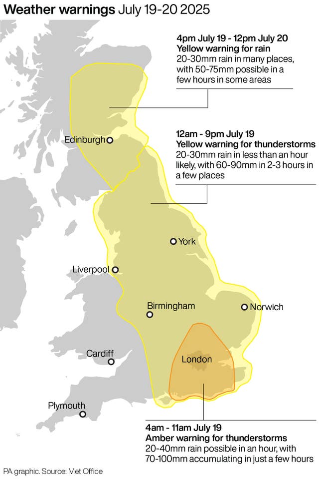 PA graphic showing yellow weather warnings over the UK