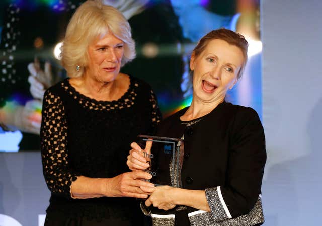 The Duchess of Cornwall  and Anna Burns on stage at the Guildhall in London after she was awarded the Man Booker Prize 