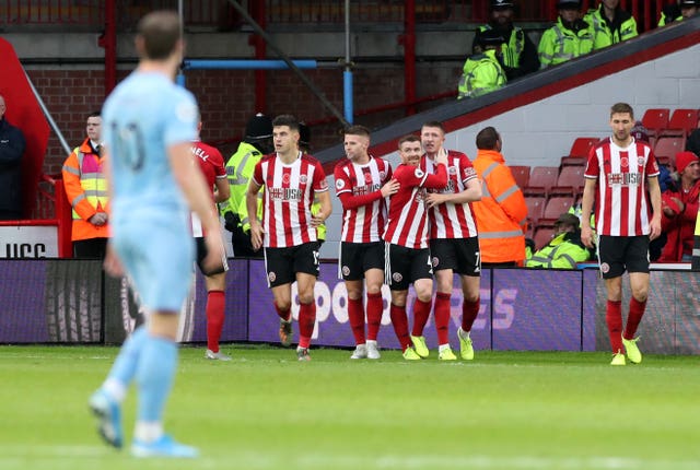 Sheffield United celebrate John Lundstram's opener