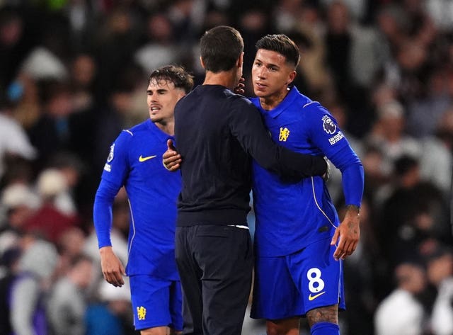 Chelsea manager Xabi Alonso and Enzo Fernandez (right) after a Premier League match