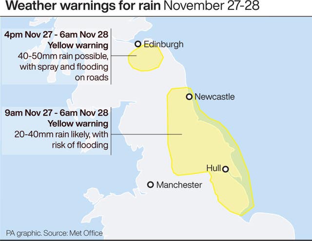 Weather warning for rain November 27-28