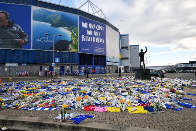 Floral tributes to Sala were left outside the Cardiff City Stadium