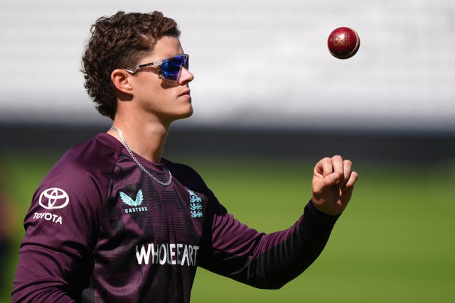 Jacob Bethell tosses a ball in practice at the Kia Oval.