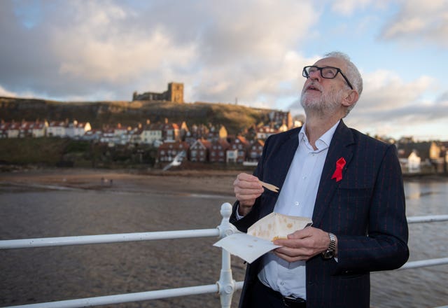 Labour leader Jeremy Corbyn eats chips in Whitby